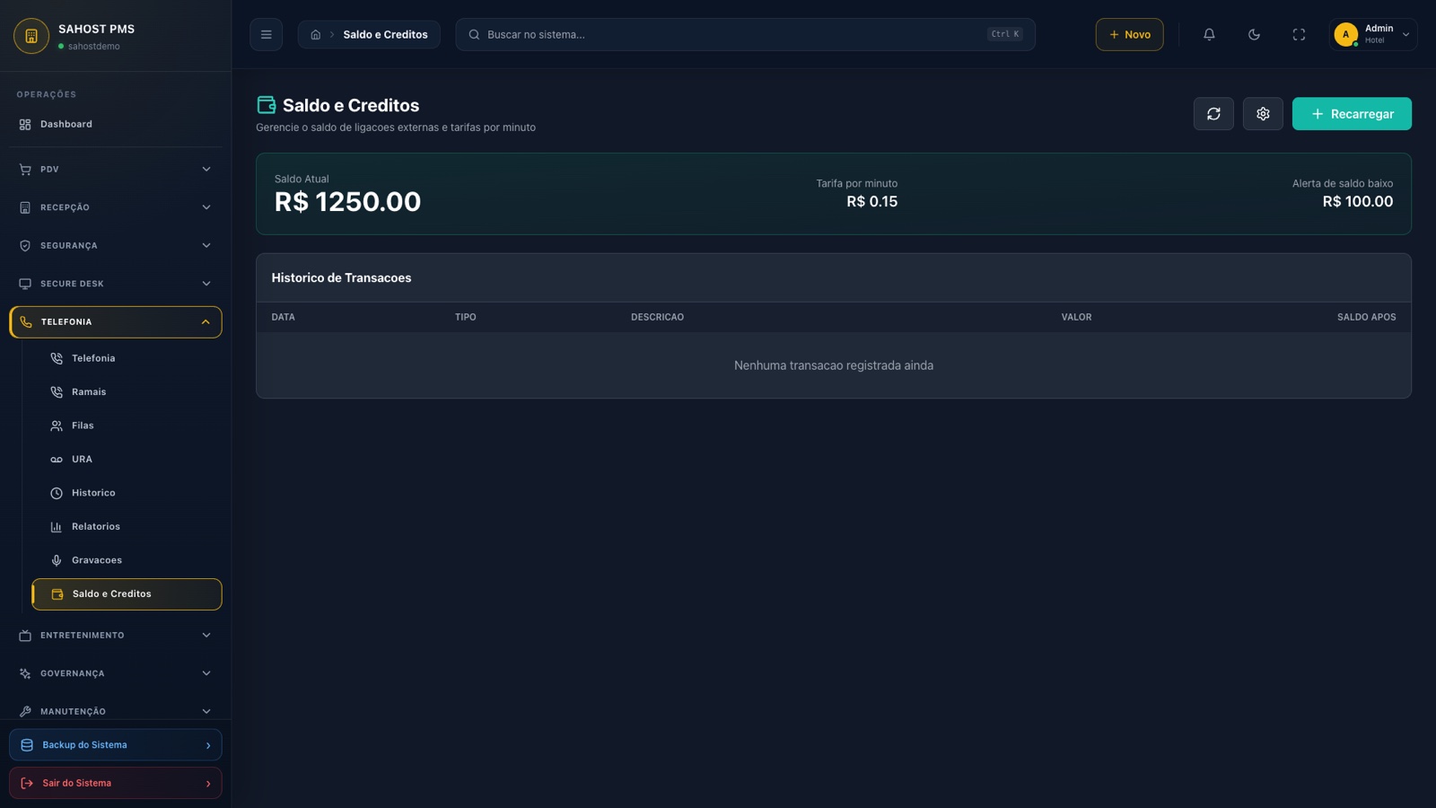 Planos de Telefonia SAHOST — tela do sistema